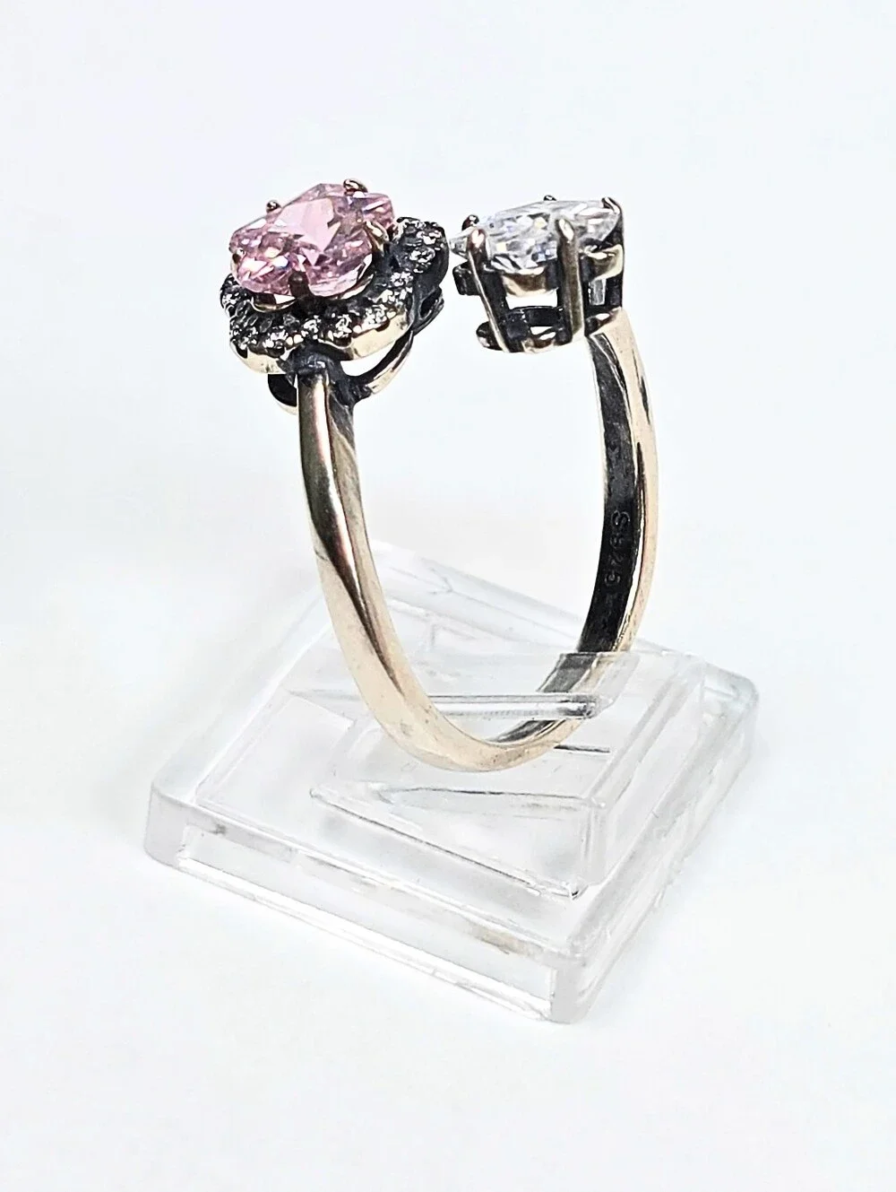 925 Sterling Silver Adjust 7-8 Dual Flower Ring Pink & Clear CZ Open Band Floral